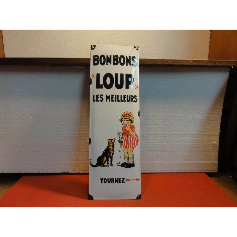 PLAQUE EMAILLEE BONBONS LOUP 43CM X14CM