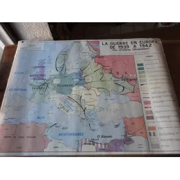 CARTE PLASTIFIEE  LA GUERRE EN EUROPE DE 1939A 1942 LES VICTOIRES ALLEMANDES  1M25X 0M92