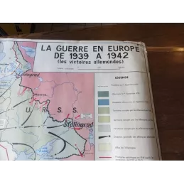 CARTE PLASTIFIEE  LA GUERRE EN EUROPE DE 1939A 1942 LES VICTOIRES ALLEMANDES  1M25X 0M92