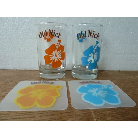 2 VERRES OLD NICK BLEU ET ORANGE +2 SOUS BOCKS